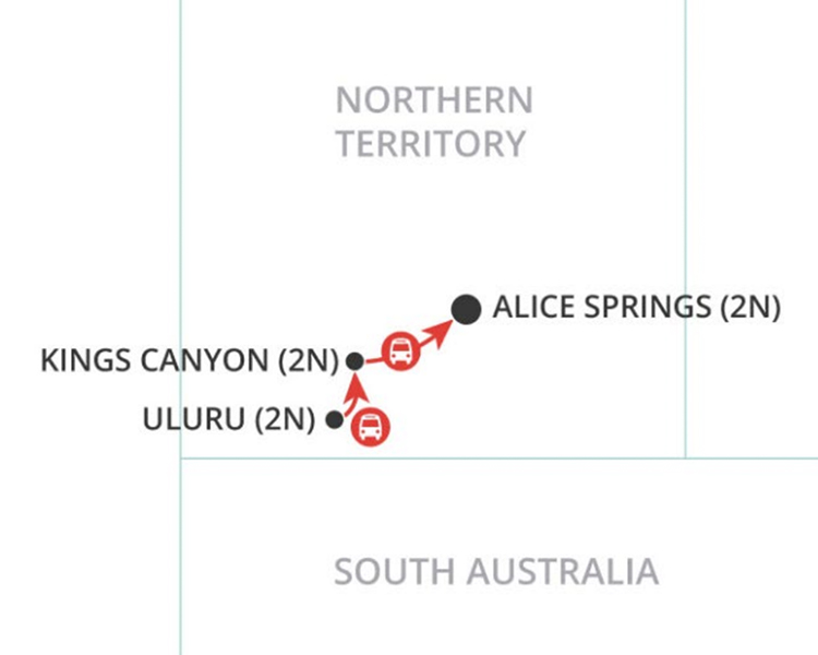 Treasures of the Red Centre itinerary map - image courtesy of Wendy Wu Tours.