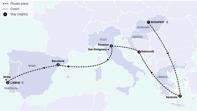 Southern Europe by Private Jet​​​​​​ itinerary map - image courtesy of APT Tours.